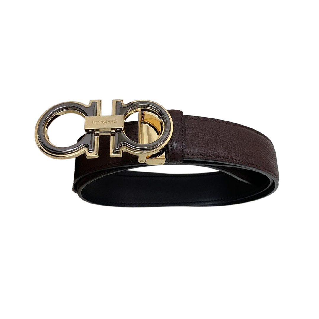 Ferragamo Men's Double Gancini Buckle Reversible Belt In Black/Coffee Saffiano Calfskin With Gold/Silver/Gun Black Hardware 35mm - 图片 3