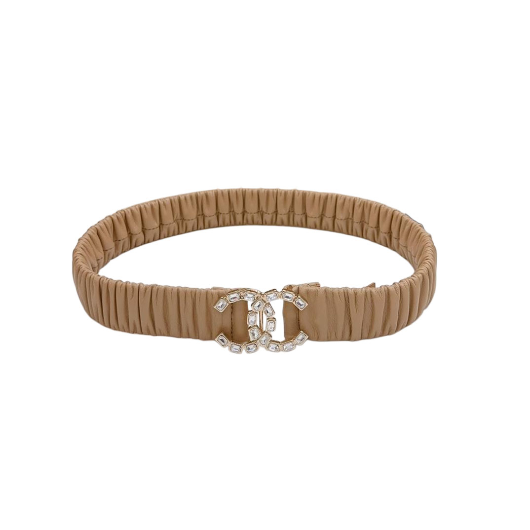 Chanel Women's CC Crystal Buckle Elastic Belt In Champagne Gold/Beige/Black/Red/Silver/Ivory/White Lambskin With Gold/Silver Hardware 30mm - 图片 3