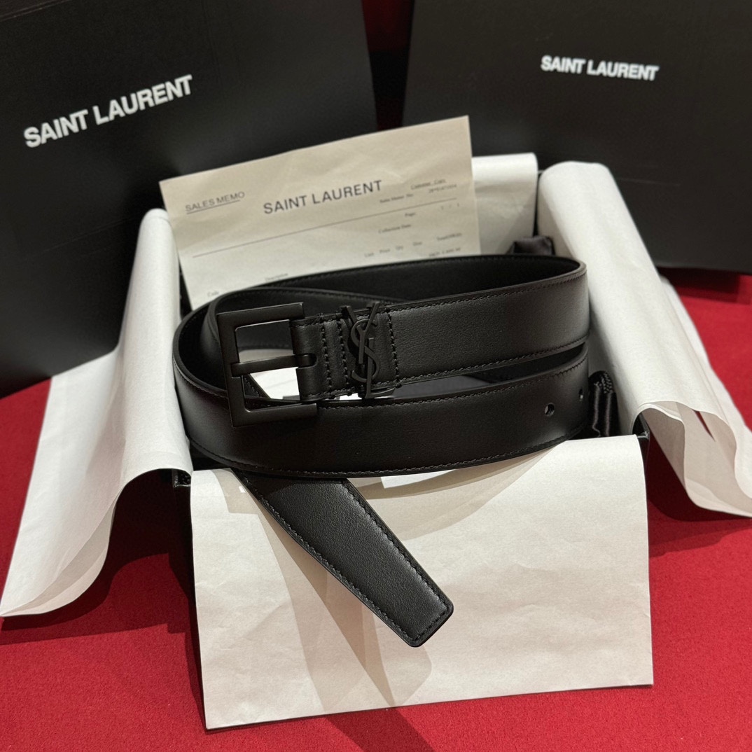 Saint Laurent Cassandre Belt In Black/Coffee Smooth Calfskin With Black/Gold/Silver Hardware 30mm - 图片 2