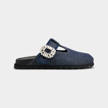 Roger Vivier Slidy Viv' Mules Birkenstocks In Blue Denim With Crystal Buckle