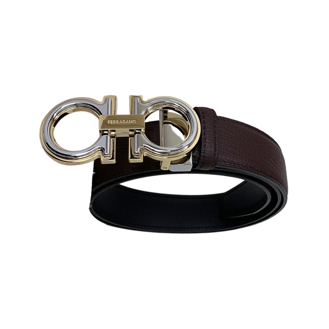 Ferragamo Men's Double Gancini Buckle Reversible Belt In Black/Coffee Saffiano Calfskin With Gold/Silver/Gun Black Hardware 35mm - 图片 4