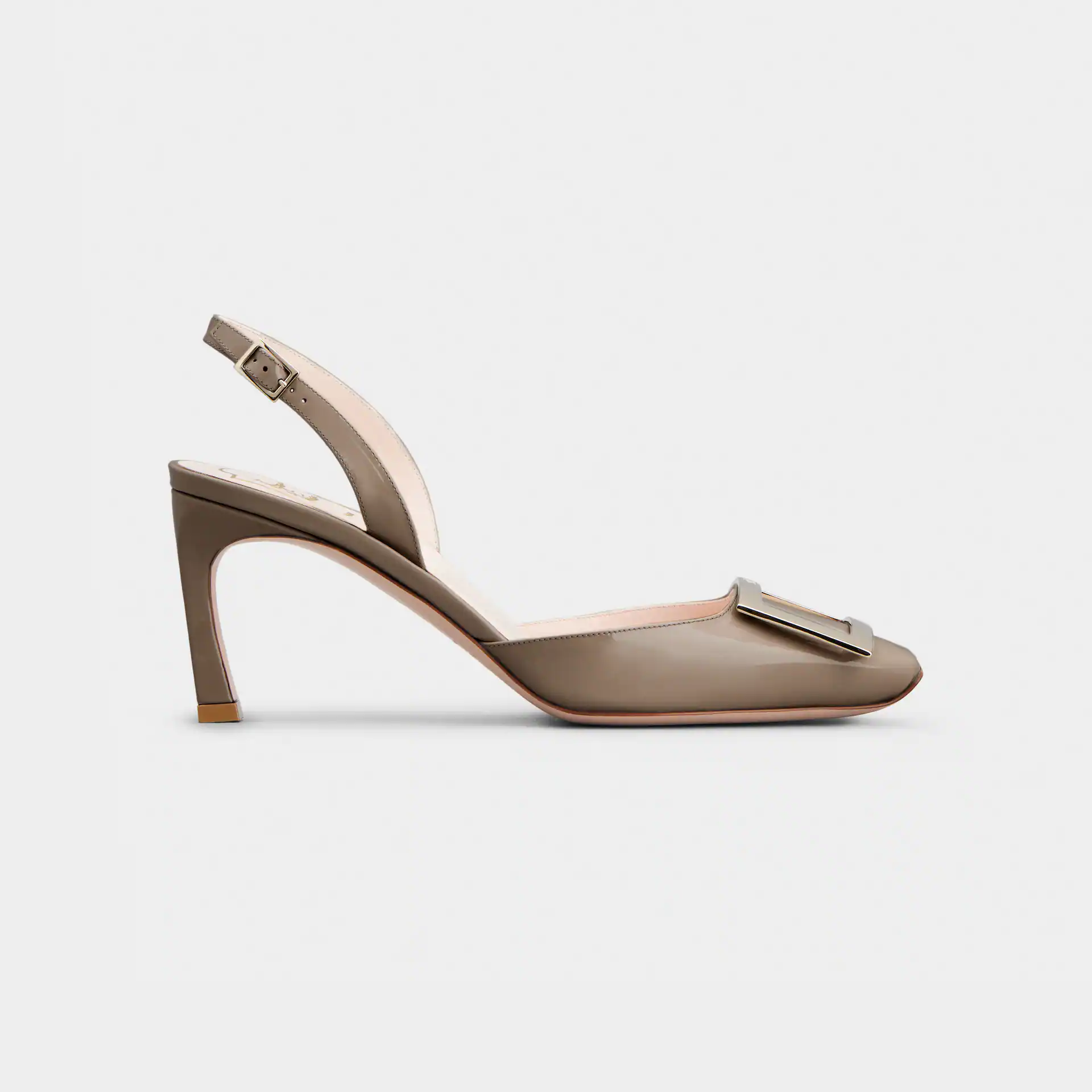 Roger Vivier Trompette Slingback Pumps High Heels In Beige Patent Leather With Metal Buckle (Heel Height 7cm)