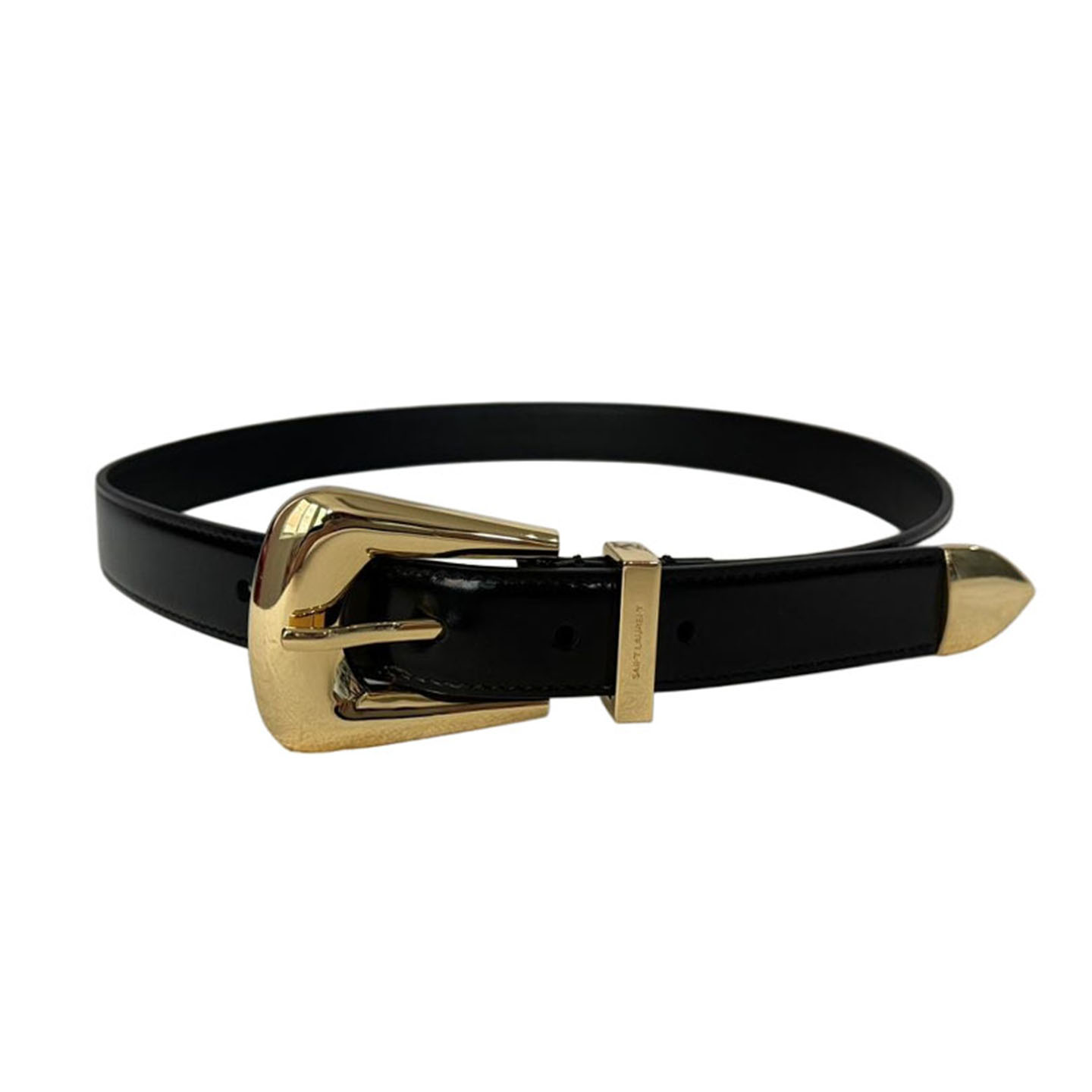 Saint Laurent Folk Buckle Belt In Black Brushed Leather With Gold/Silver Hardware 25mm - 图片 9