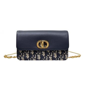 Dior Miss Caro Pouch with Chain In Blue Dior Oblique Jacquard and Smooth Calfskin Gold Hardware