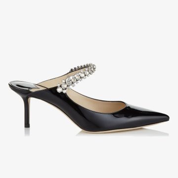 JIMMY CHOO Black patent leather crystal lace Muller shoes slippers