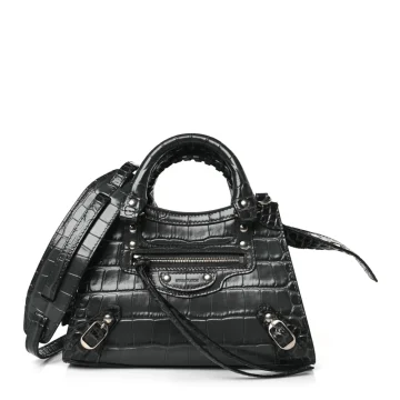 Balenciaga Mini Neo Classic City Bag Dark Grey Crocodile Embossed Calfskin Leather Silver Hardware