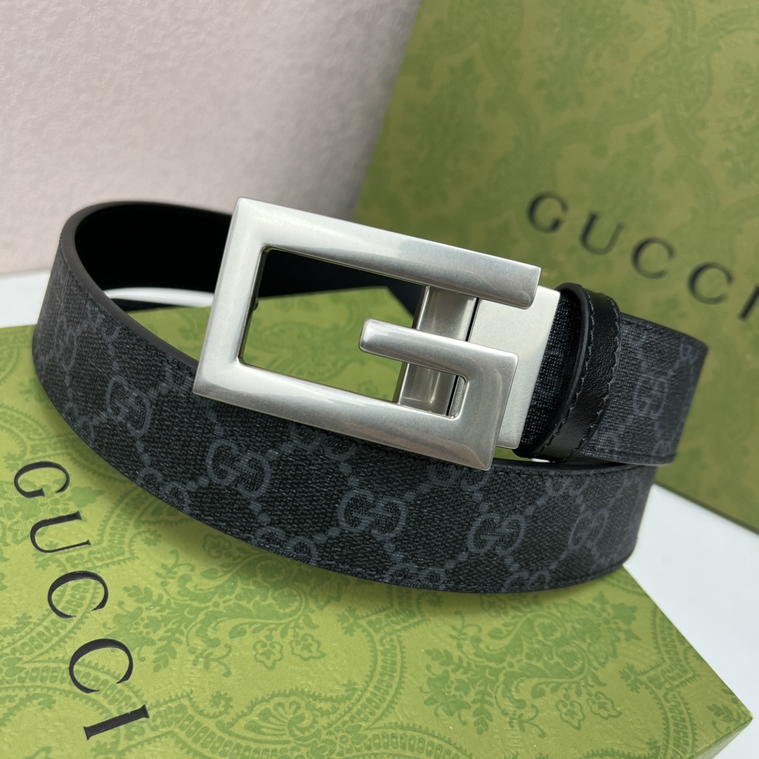 Gucci Men's Square G Buckle Reversible Belt In Black/Brown/Beige Monogram Calfskin And Canvas With Gold/Silver Hardware 25mm - 图片 7