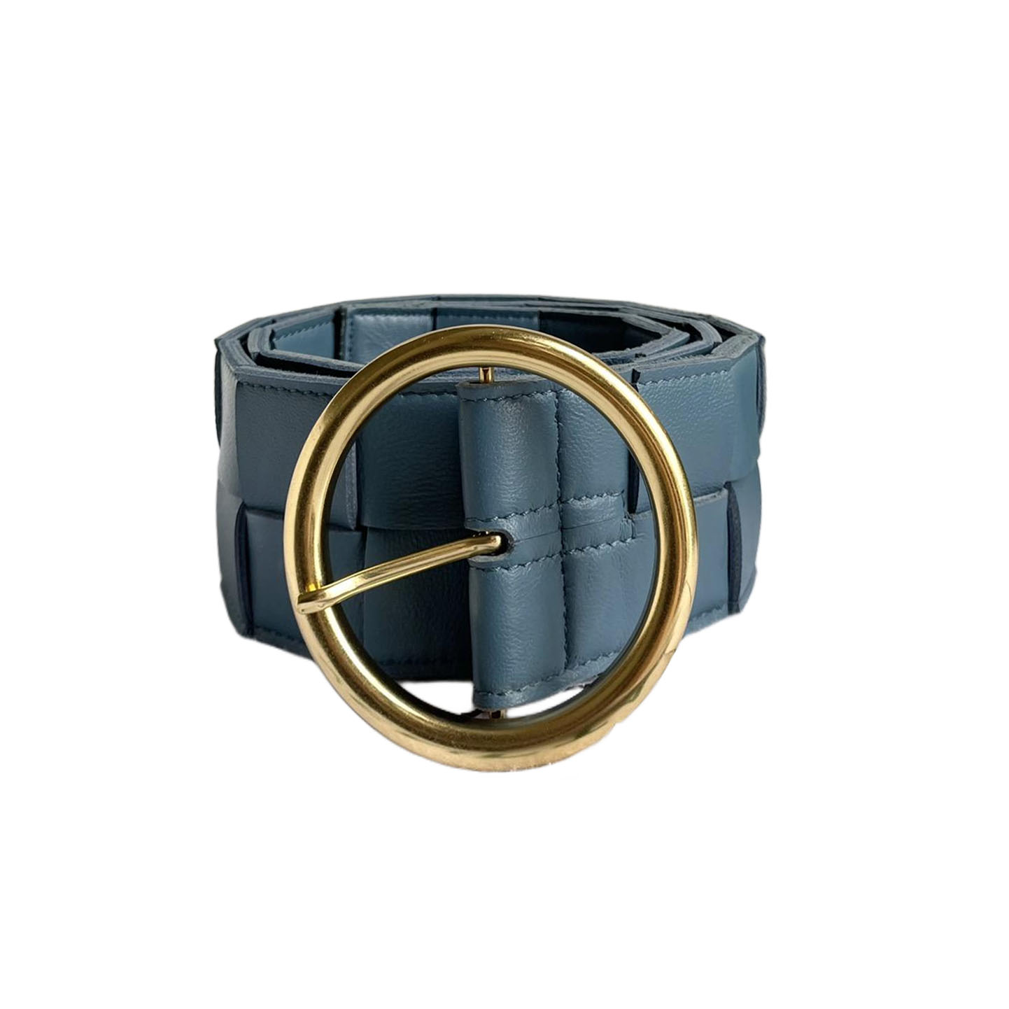 Bottega Veneta Women's Round Buckle Maxi Intrecciato Adjustable Belt In Pink/Blue/White/Coffee/Black Calfskin With Gold Hardware 60mm - 图片 5
