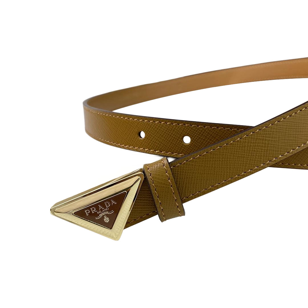Prada Women' s Triangled Buckle Belt In Brown/Pink/White Calfskin With Gold/Silver Hardware 20mm - 图片 2