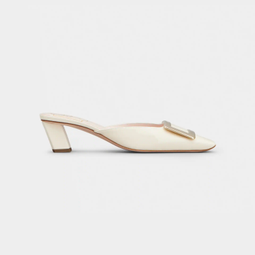 Roger Vivier Belle Vivier Mules Sandals In White Patent Leather With Metal Buckle (Heel Height 4.5cm)