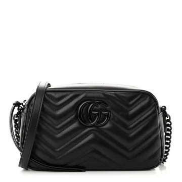 Gucci Small GG Marmont Chain Shoulder Bag Black Calfskin Leather Black Hardware
