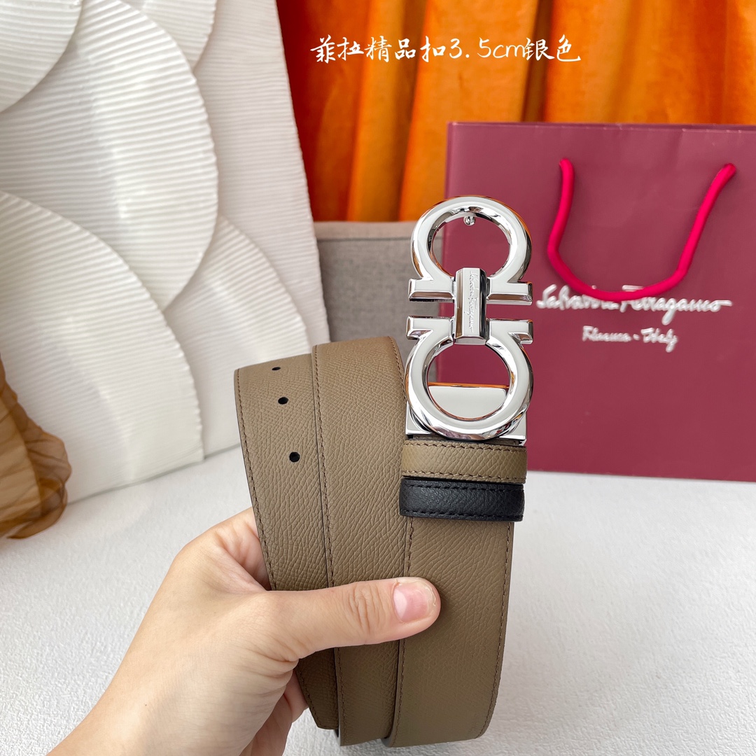 Ferragamo Men's Double Gancini Buckle Reversible Belt In Khaki/Black Calfskin With Gold/Silver/Gun Black Hardware 35mm - 图片 5