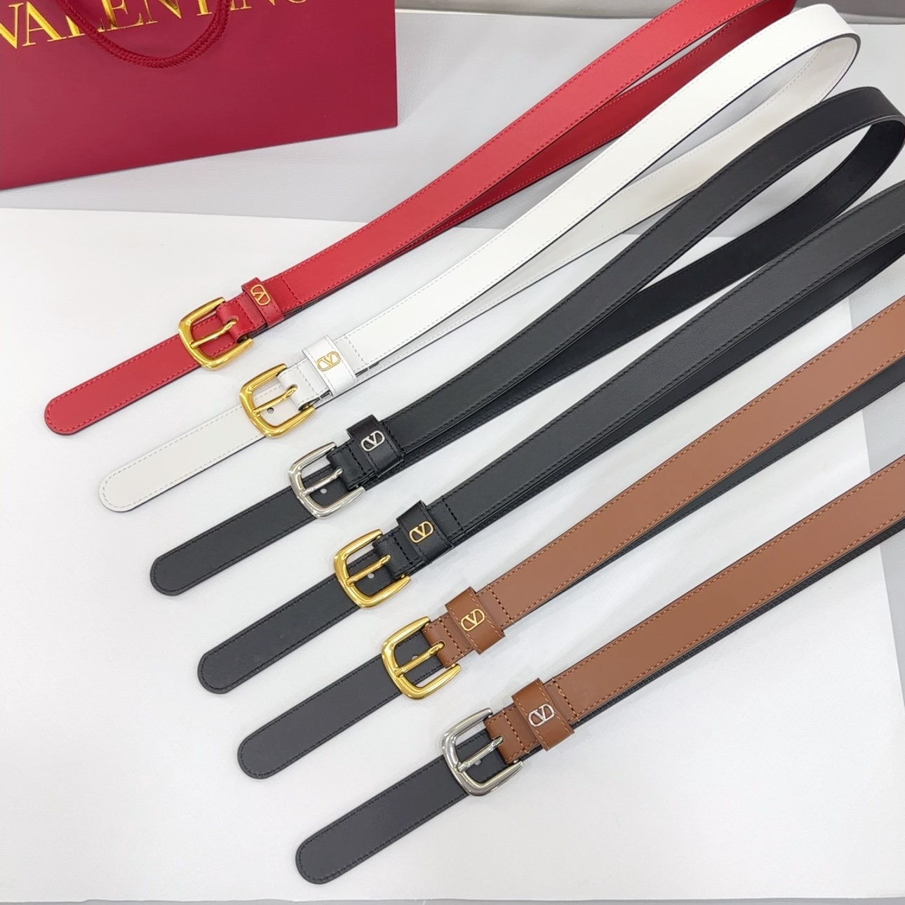 Valentino Square Buckle Belt In Brown/Black/Red/White Calfskin With Gold/Silver Hardware 25mm - 图片 7