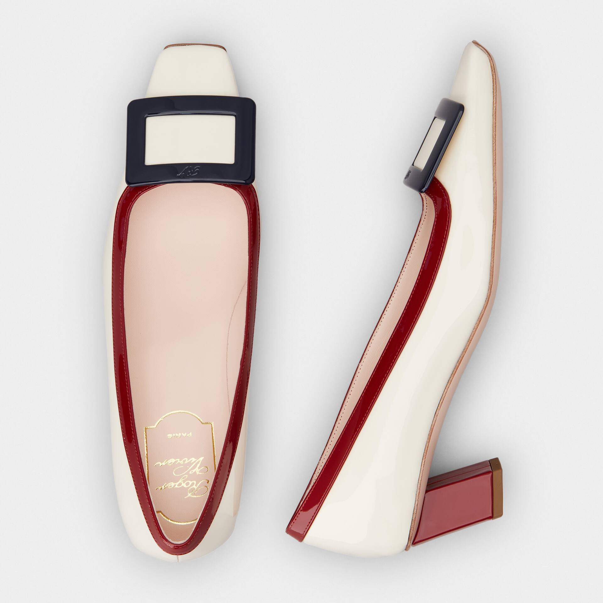 Roger Vivier Belle Vivier Pumps High Heels In White/Red Leather With Lacquered Metal Buckle (Heel Height 4.5cm) - 图片 3