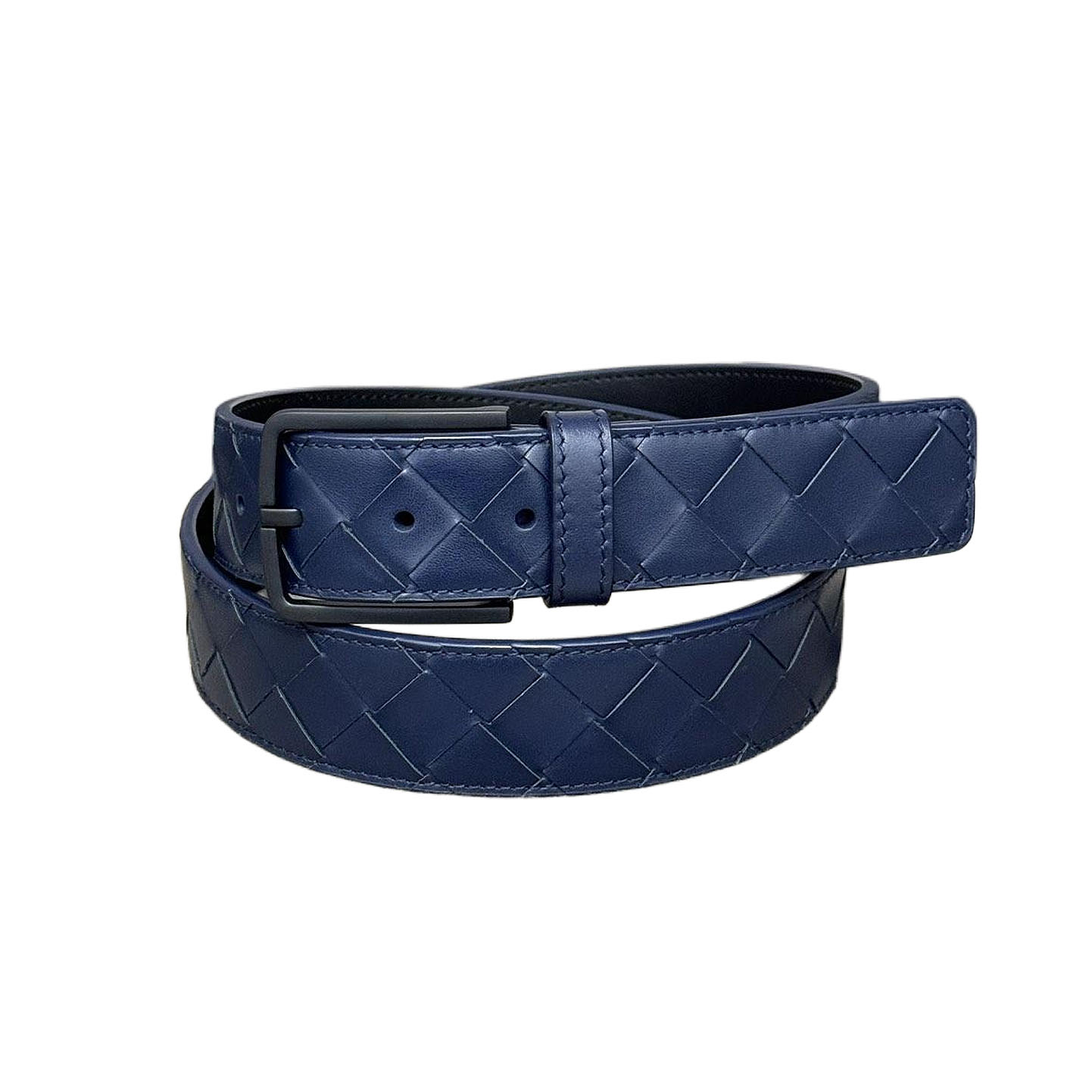 Bottega Veneta Men's Square Buckle Intrecciato Belt In Black/Coffee/Blue/Grey Calfskin With Black Hardware 35mm - 图片 6