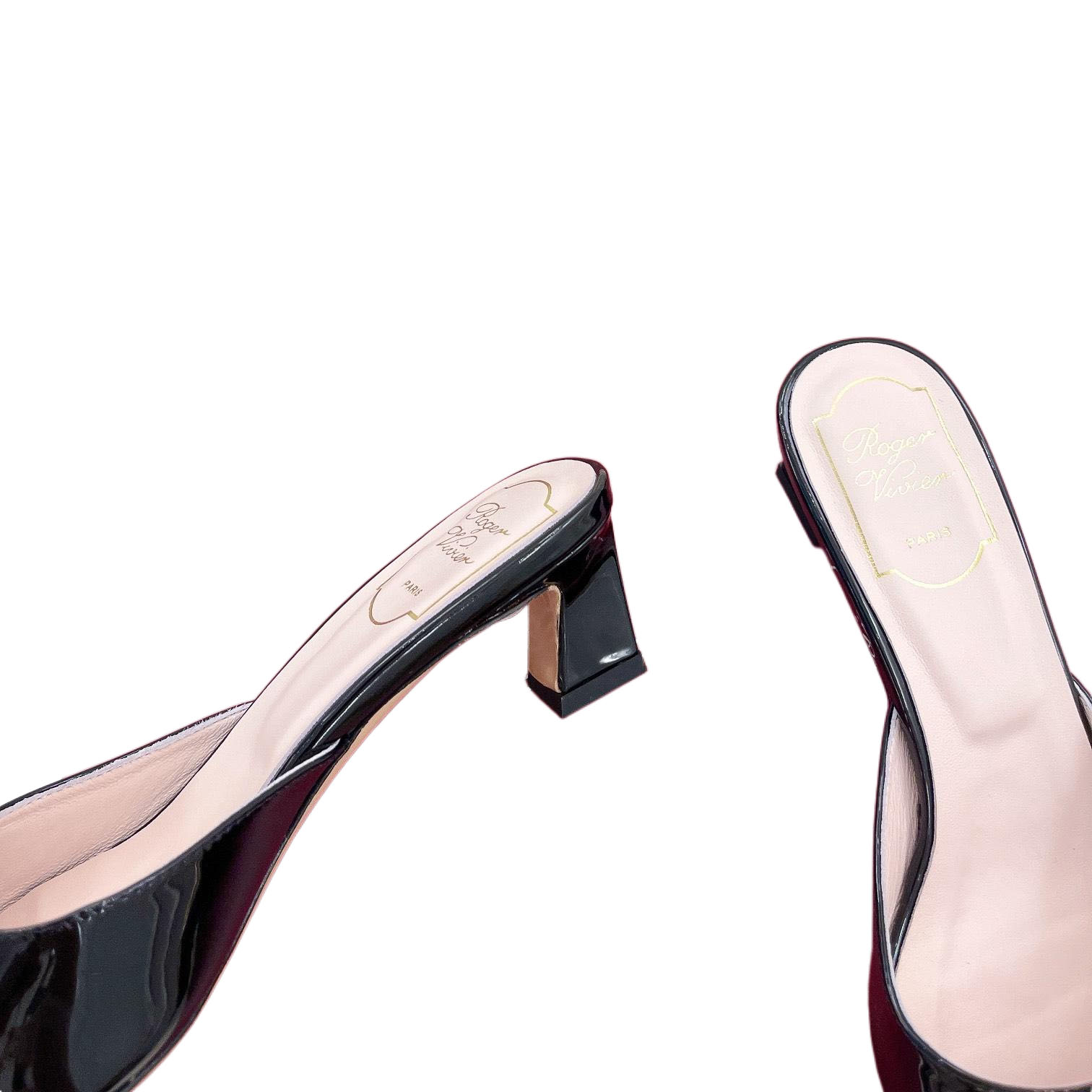 Roger Vivier Trompette Mules High Heels In White/Black/Beige/Pink Patent Leather With Metal Buckle (Heel Height 4.5cm) - 图片 4