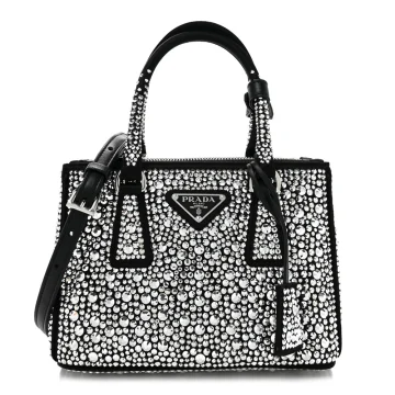 Prada Mini Galleria Double Zip Tote Black Metal Satin & Crystal Silver Hardware