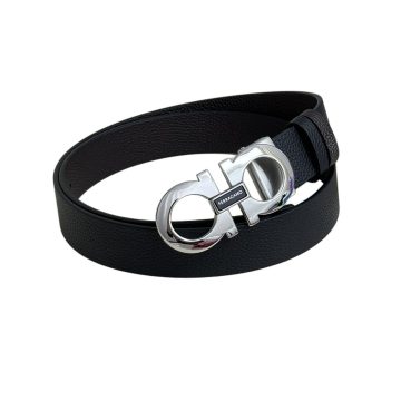 Ferragamo Men's Double Gancini Buckle Belt In Black Grained Calfskin With Gold/Silver/Black Hardware 35mm