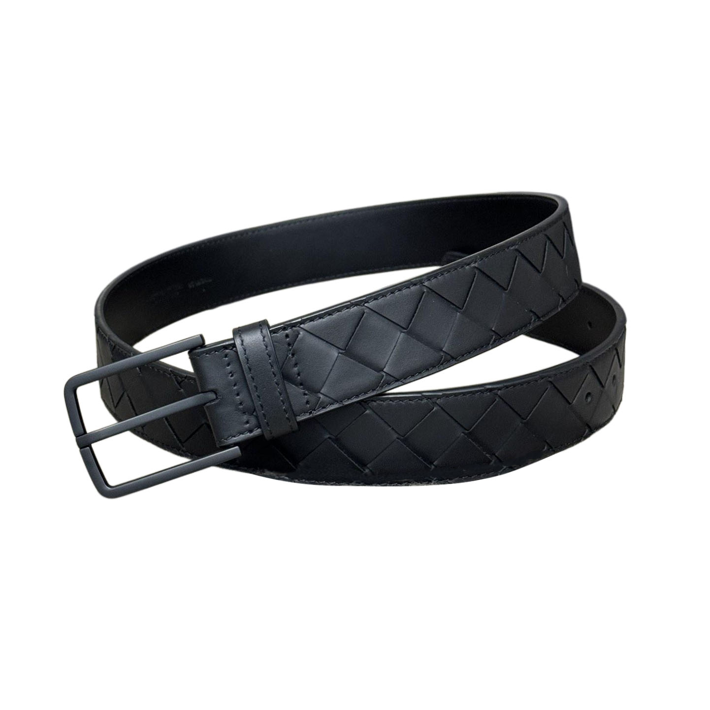 Bottega Veneta Men's Square Buckle Intrecciato Belt In Black/Coffee/Blue/Grey Calfskin With Black Hardware 35mm - 图片 2