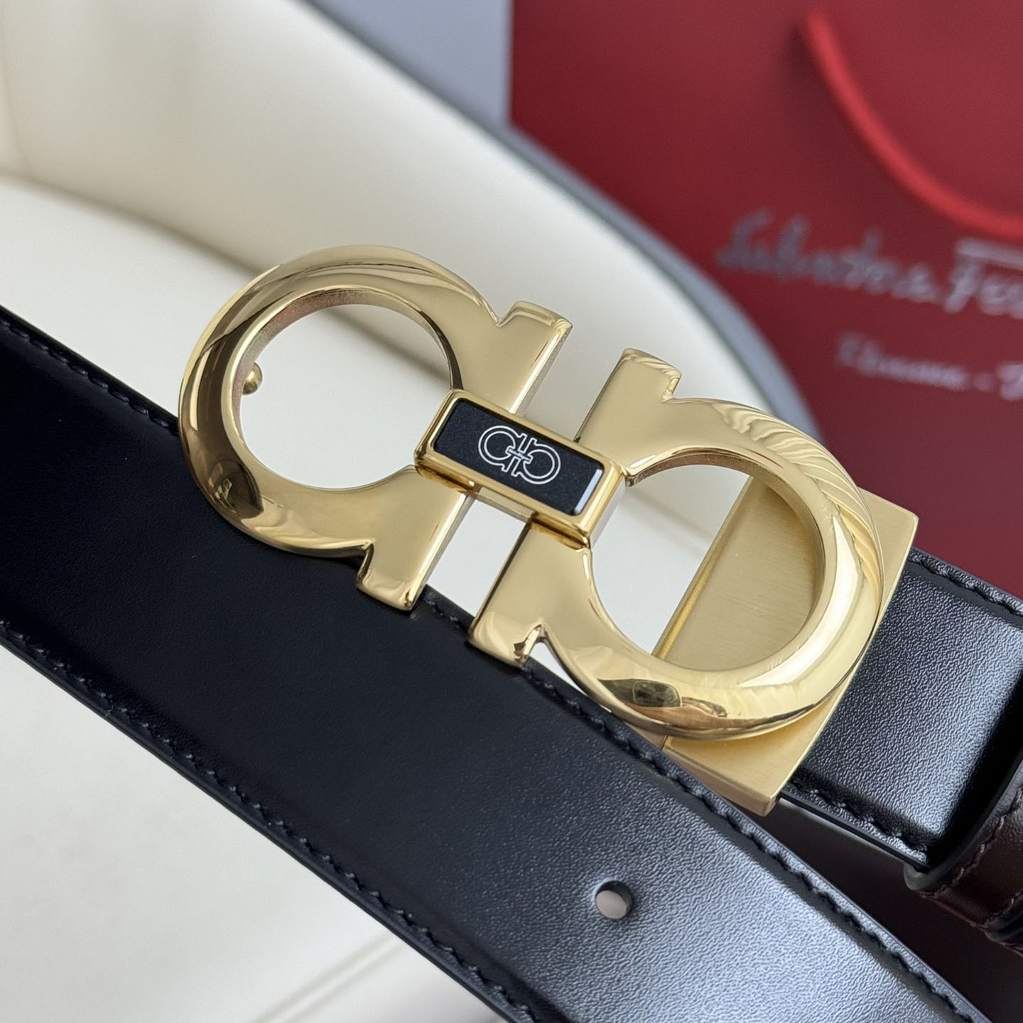 Ferragamo Men's Double Gancini Buckle Belt In Black Calfskin With Gold/Gun Black Hardware 35mm - 图片 4