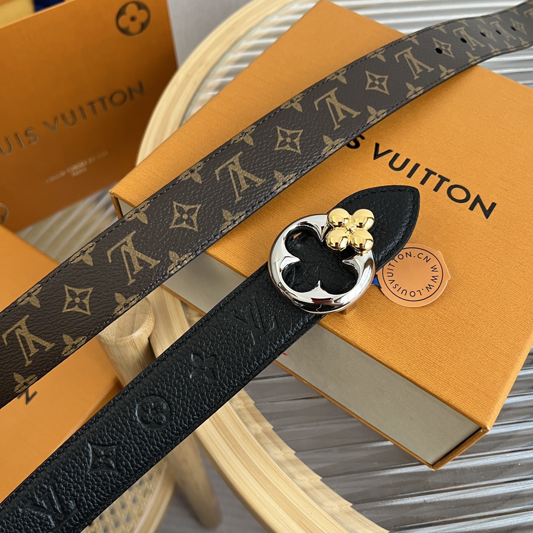 Louis Vuitton Women's Flowergram Round Buckle Reversible Belt In Black/White/Brown Calfskin And Monogram Canvas With Gold/Silver Hardware 30mm - 图片 6