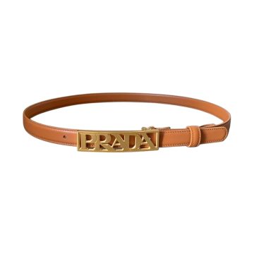 Prada Women' s Rectangled Buckle Belt In Brown/Red Calfskin With Gold Hardware 20mm