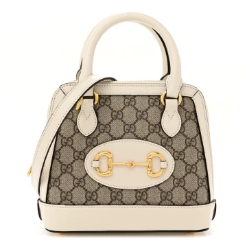 Gucci Mini Horsebit 1955 Top Handle Bag Beige / Ebony / Mystic White GG Supreme Monogram Canvas & Azalea Calfskin Leather Gold Hardware