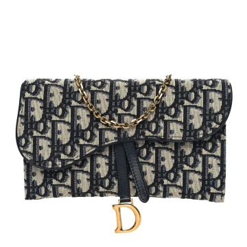 Dior Small Saddle Long Wallet With Chain Blue Oblique Canvas Brass Hardware