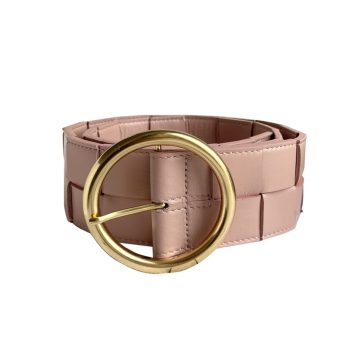 Bottega Veneta Women's Round Buckle Maxi Intrecciato Adjustable Belt In Pink/Blue/White/Coffee/Black Calfskin With Gold Hardware 60mm