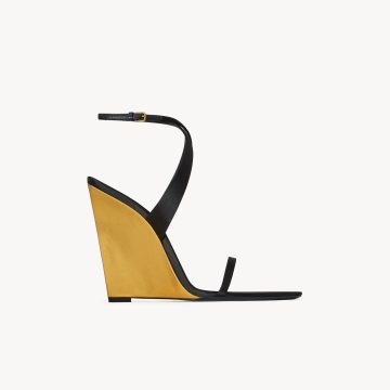 Yves Saint Laurent Crepe satin and metallic leather wedge heel sandals