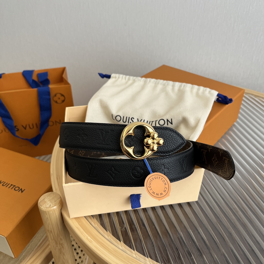 Louis Vuitton Women's Flowergram Round Buckle Reversible Belt In Black/White/Brown Calfskin And Monogram Canvas With Gold Hardware 30mm - 图片 3