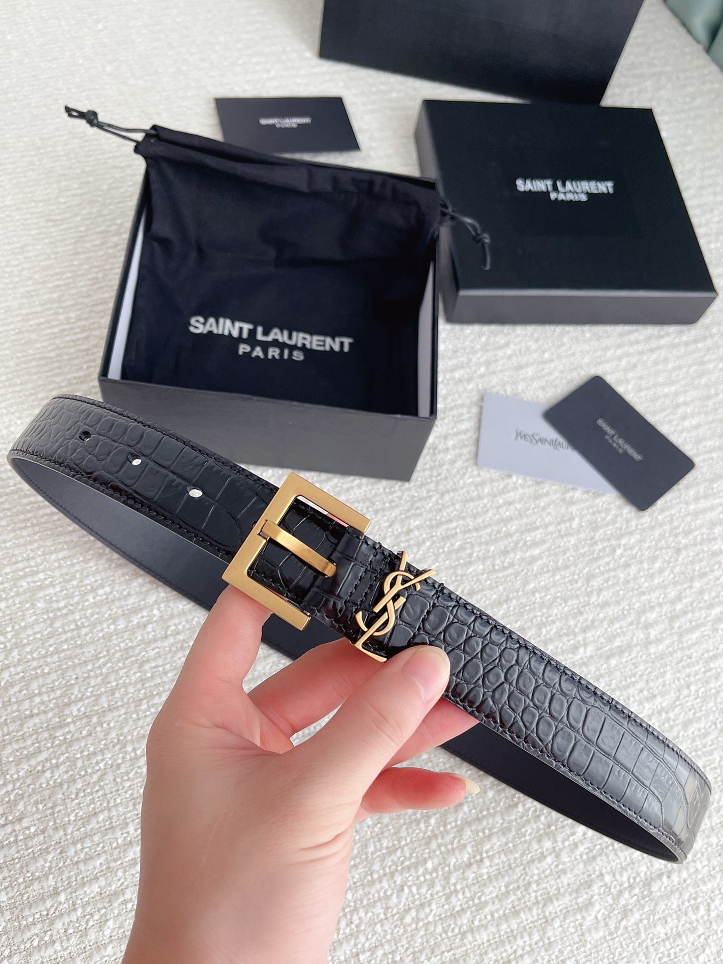 Saint Laurent Cassandre Belt In Black Crocodile-Embossed Calfskin With Gold/Silver/Black Hardware 30mm - 图片 2