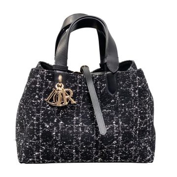 Dior Medium Dior Toujours Bag In Black Tweed with White Cannage Motif With Gold Hardware