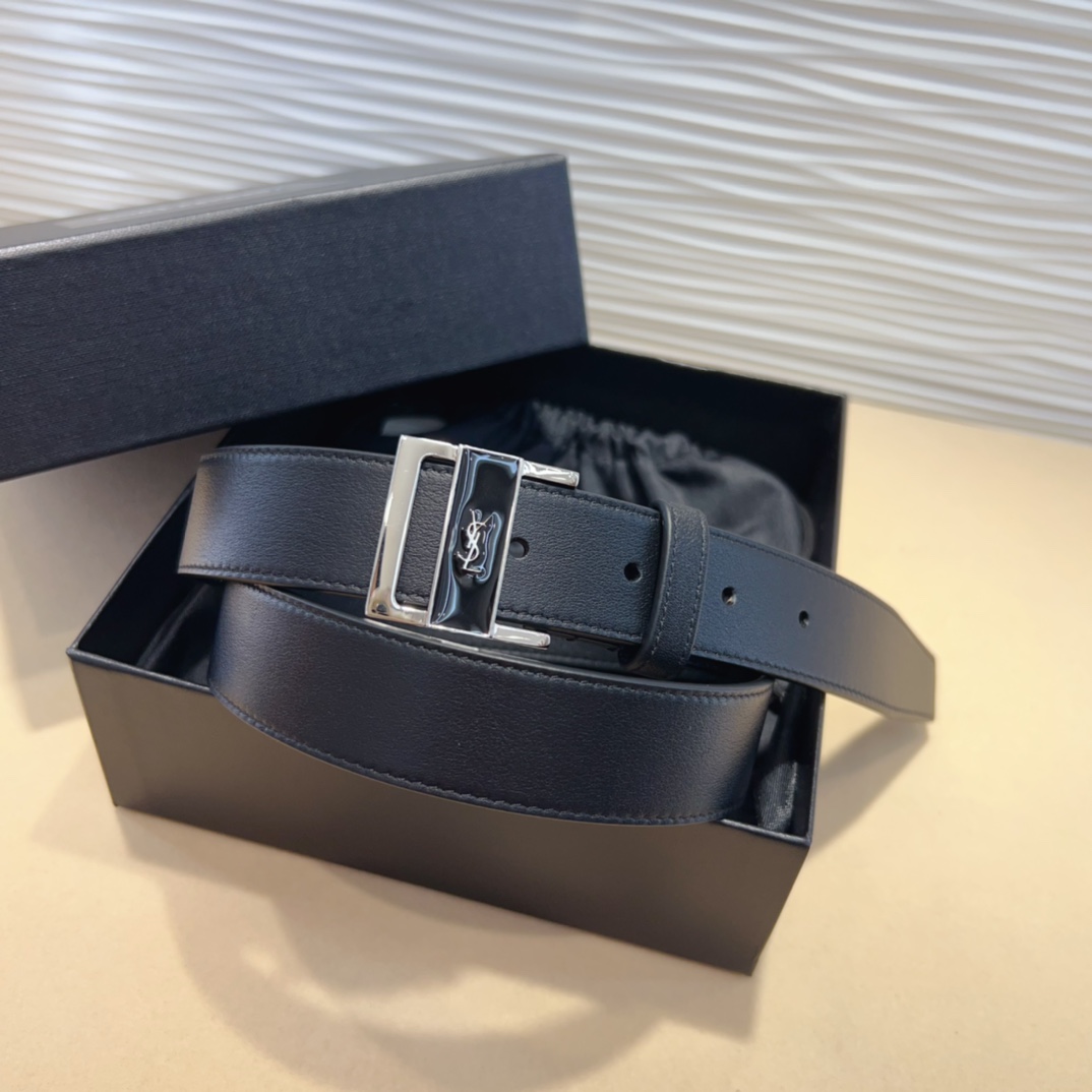 Saint Laurent GIO Belt In Black Box Calfskin With Gold/Silver Hardware 30mm - 图片 7