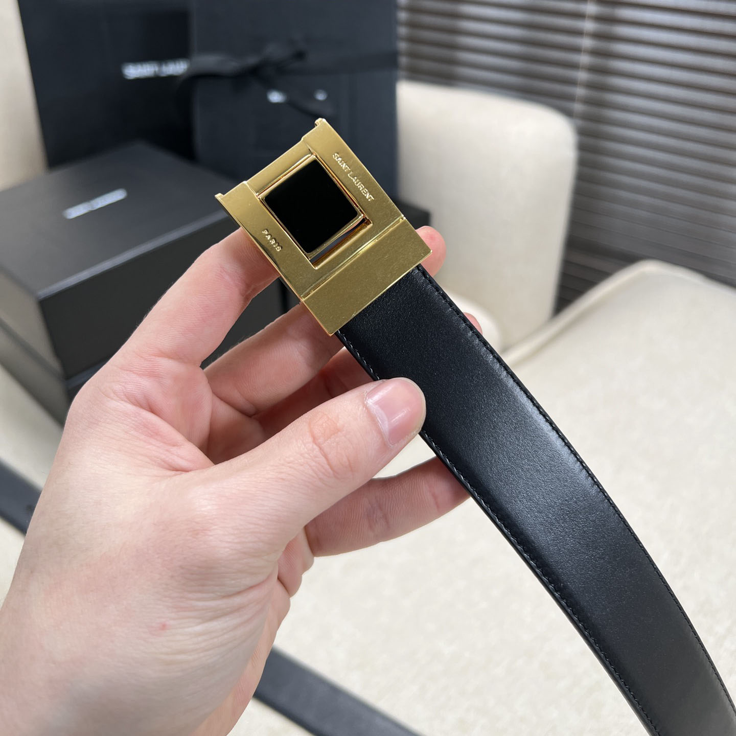Saint Laurent Square Buckle Belt In Black/Burgundy Calfskin With Gold Hardware 30mm - 图片 4