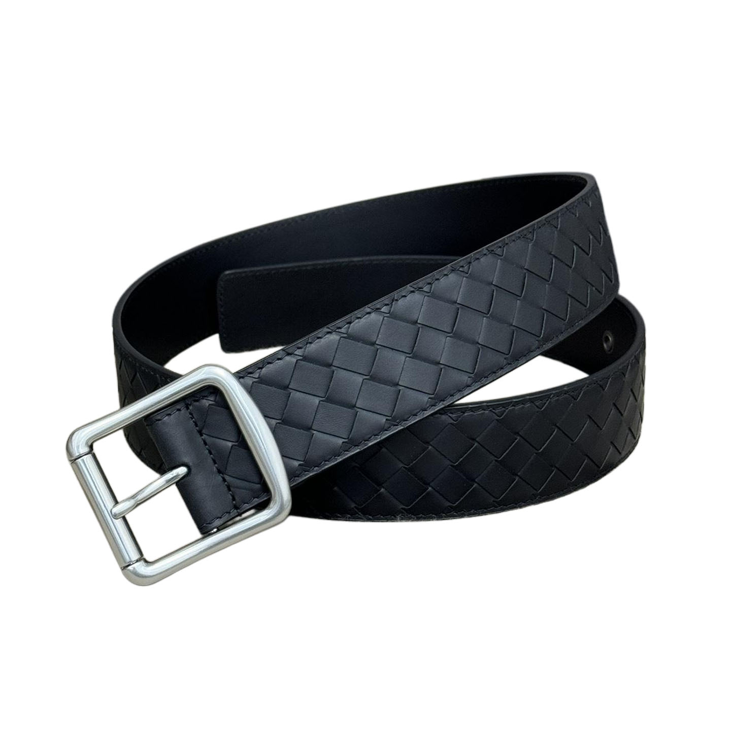 Bottega Veneta Men's Square Buckle Intrecciato Belt In Black/Coffee/Blue/Grey Calfskin With Silver/Black Hardware 40mm - 图片 9