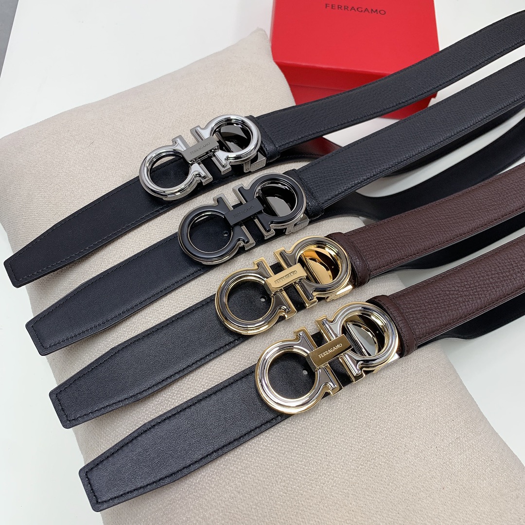 Ferragamo Men's Double Gancini Buckle Reversible Belt In Black/Coffee Saffiano Calfskin With Gold/Silver/Gun Black Hardware 35mm - 图片 5