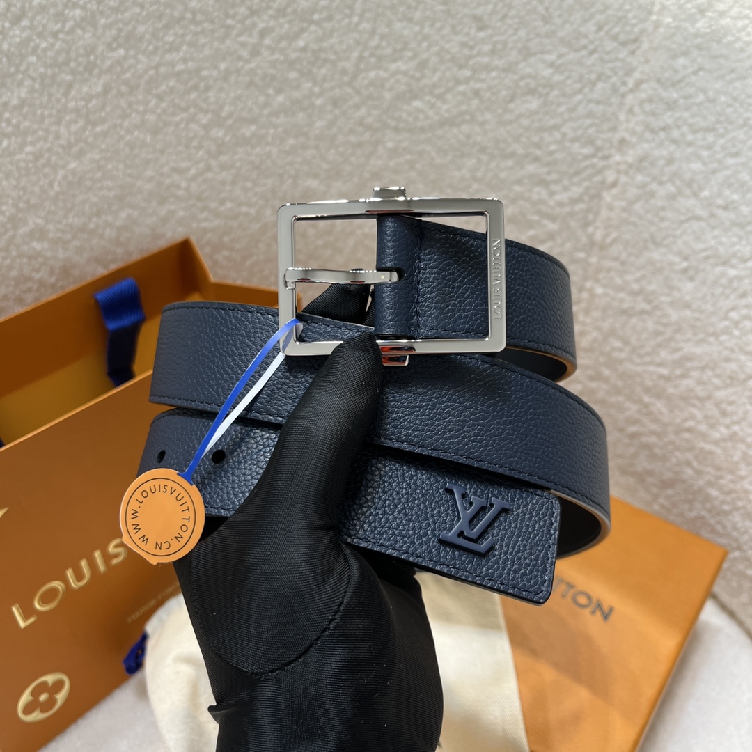 Louis Vuitton Men's Aerogram Belt In Blue Calfskin With Blue/Black/Silver Hardware 35mm - 图片 7