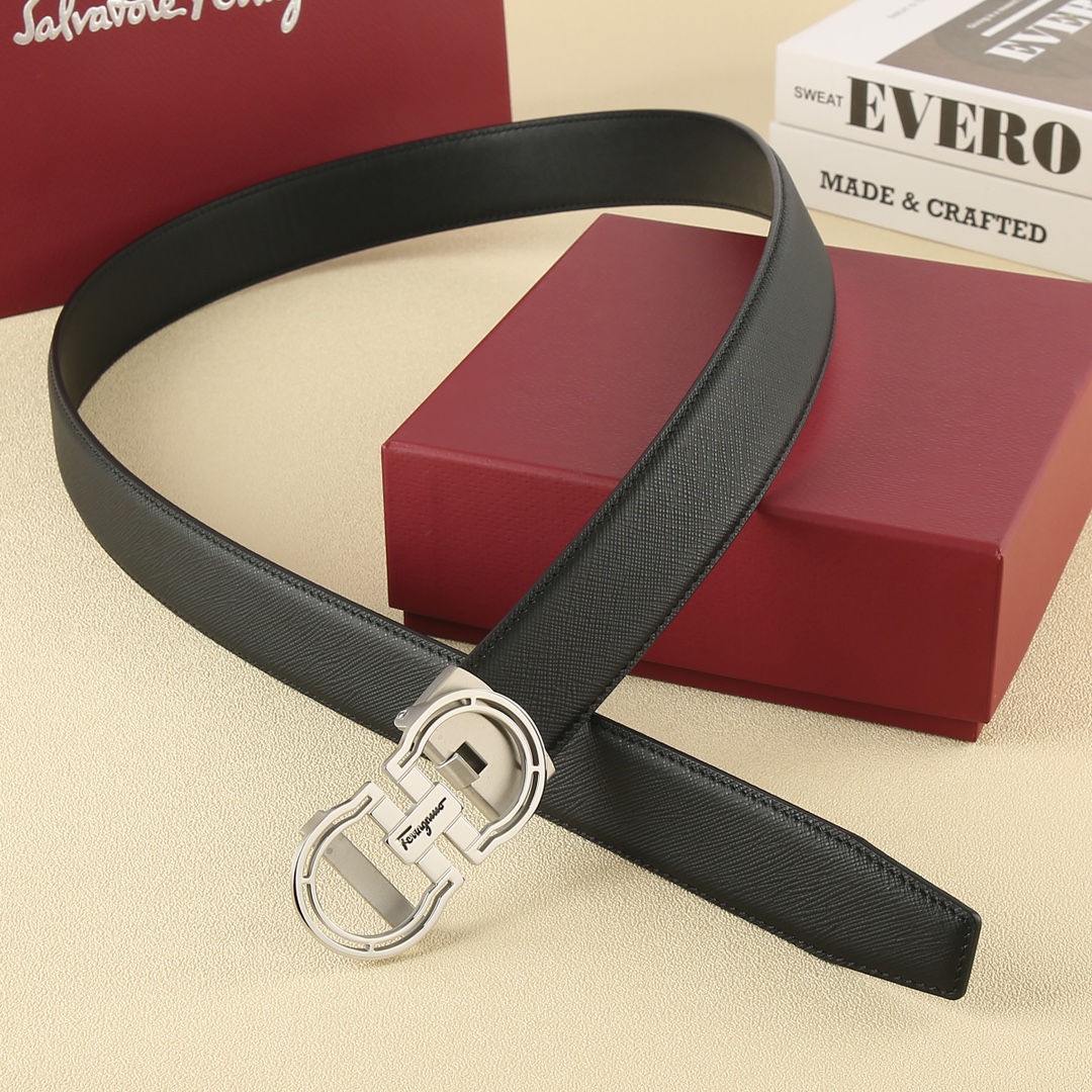 Ferragamo Men's Hollow Double Gancini Buckle Belt In Black Calfskin With Gold/Silver Hardware 35mm - 图片 3