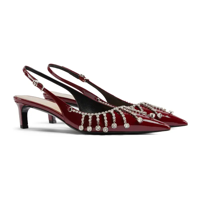 Gucci red pointed heels crystal high heels shoes Rear lace up high heels - 图片 2