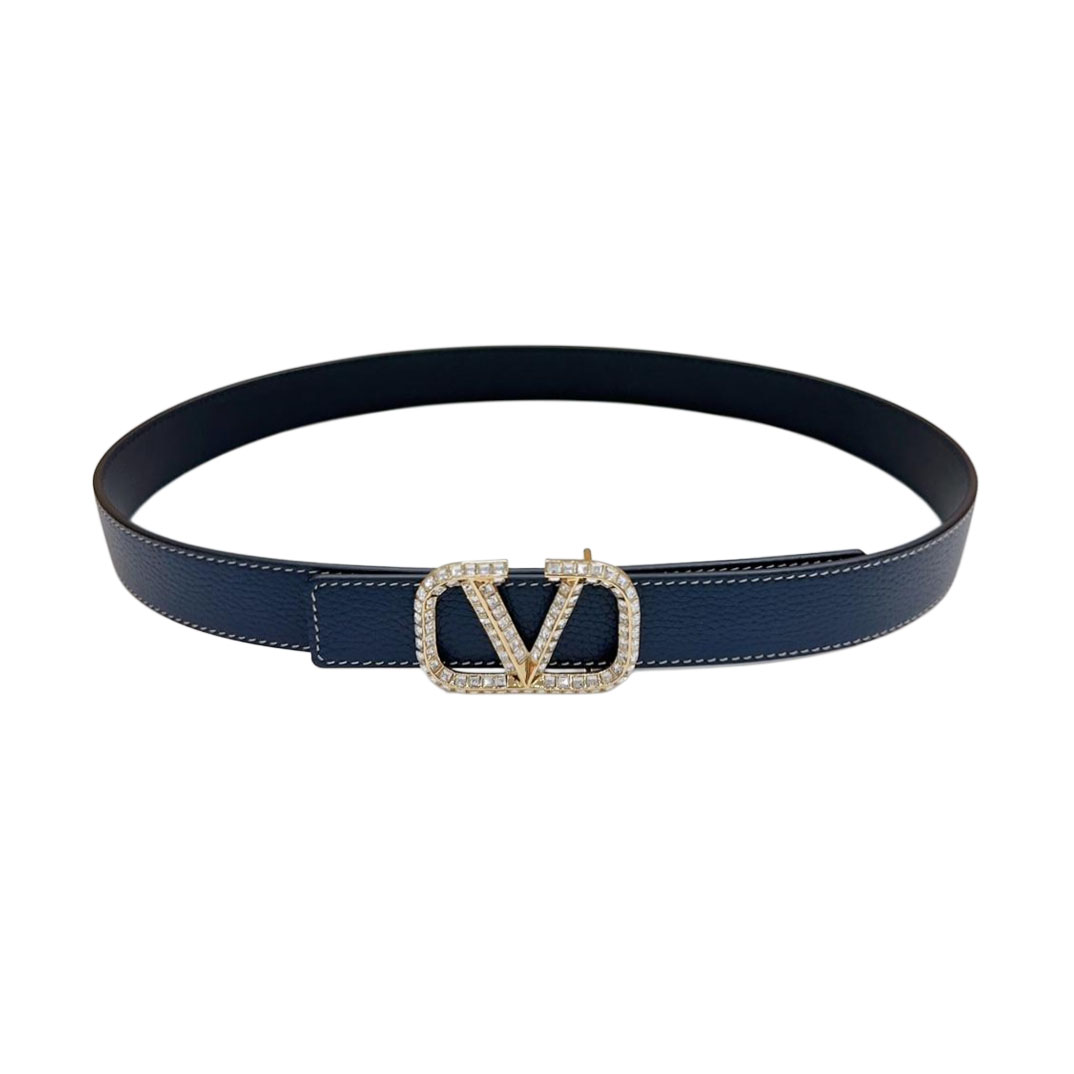 Valentino V Buckle With Crystal Belt In Black/Blue/Pink/Brown/White Calfskin With Gold Hardware 30mm - 图片 2