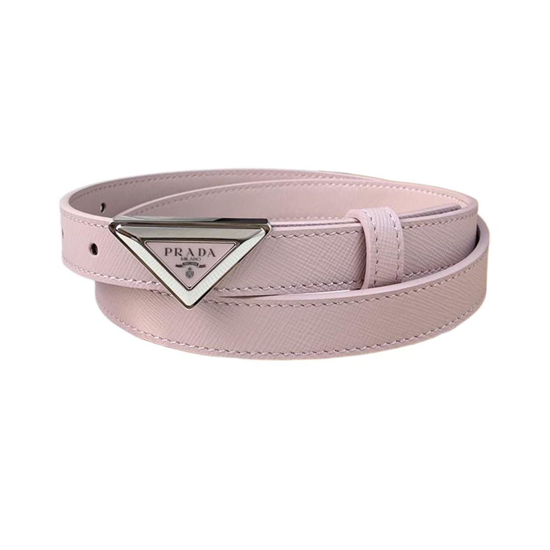 Prada Women' s Triangled Buckle Belt In Brown/Pink/White Calfskin With Gold/Silver Hardware 20mm - 图片 7