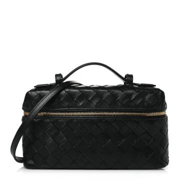 Bottega Veneta Medium Intrecciato Bang Bang Vanity Case Black Calfskin Leather Gold Hardware