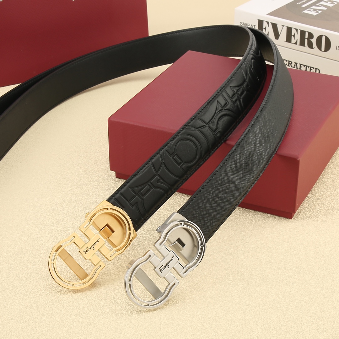 Ferragamo Men's Hollow Double Gancini Buckle Belt In Black Calfskin With Gold/Silver Hardware 35mm - 图片 9