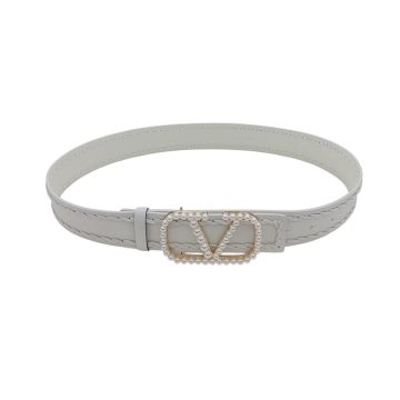 Valentino V Buckle With Pearls Belt In White/Red/Black/Pink Calfskin With Gold Hardware 40mm
