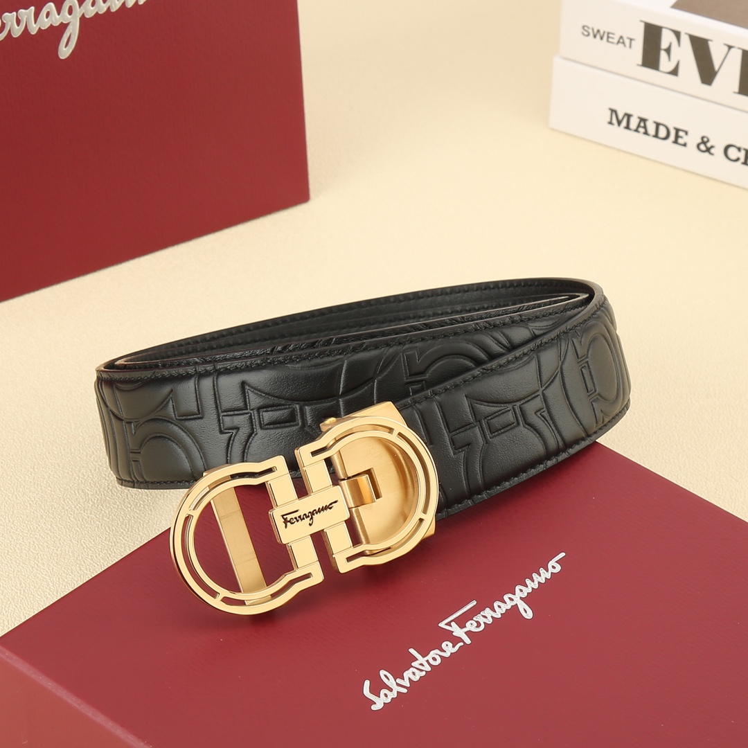 Ferragamo Men's Hollow Double Gancini Buckle Belt In Black Calfskin With Gold/Silver Hardware 35mm - 图片 7