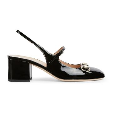 Gucci Black patent leather Square toed, thick heeled, horseneck buckle, shallow high-heeled shoes