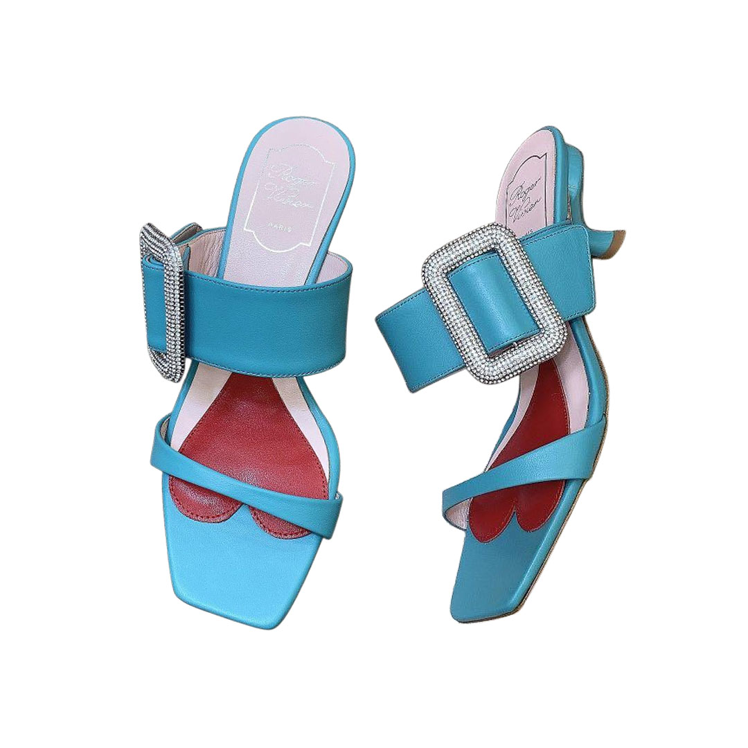 Roger Vivier Viv' Rangers Mules Sandals In White/Black/Blue Leather With Crystal Buckle (Heel Height 5.5cm) - 图片 3