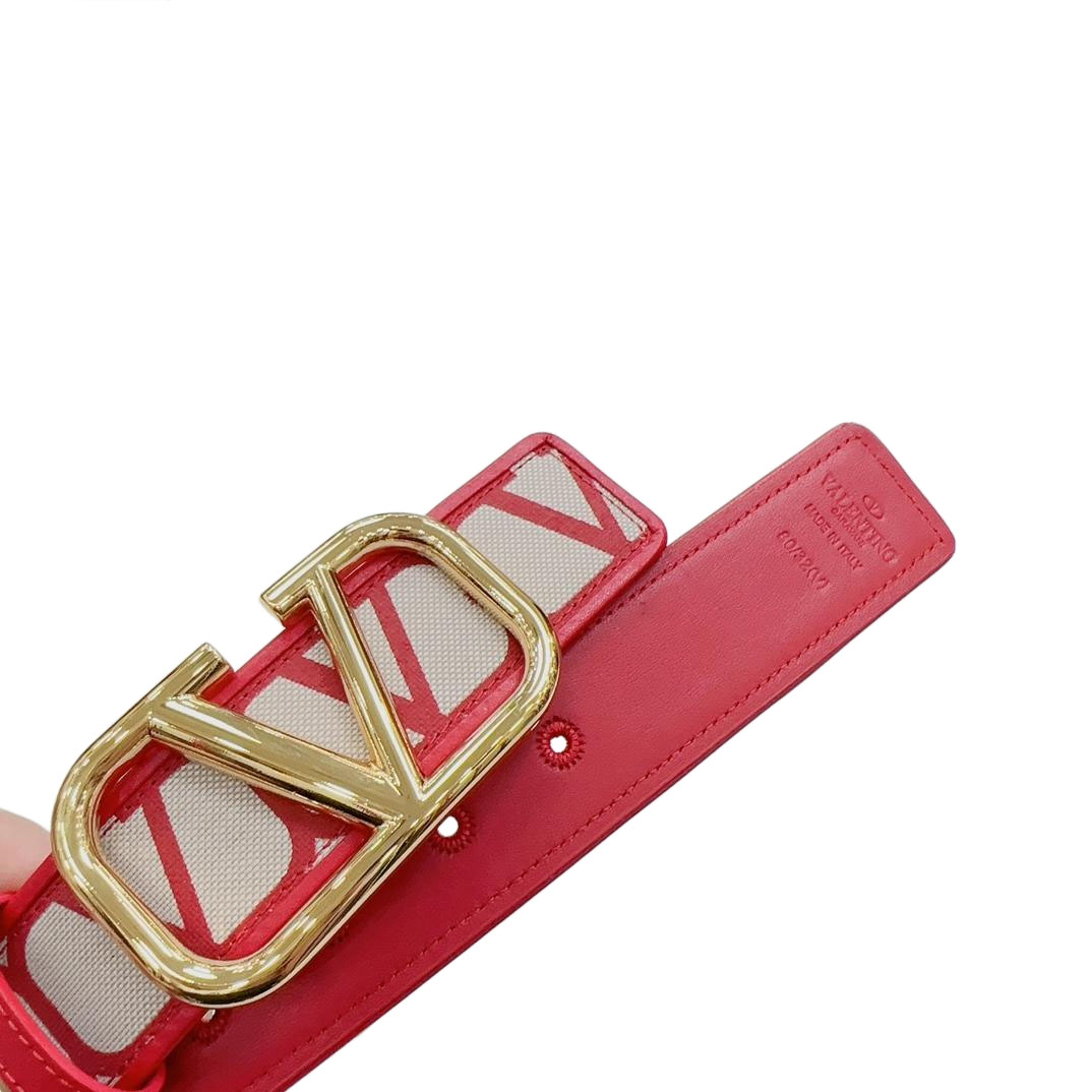 Valentino V Buckle Belt In Red/Black/Coffee Monogram Logo Calfskin With Gold/Gun Black Hardware 40mm - 图片 2