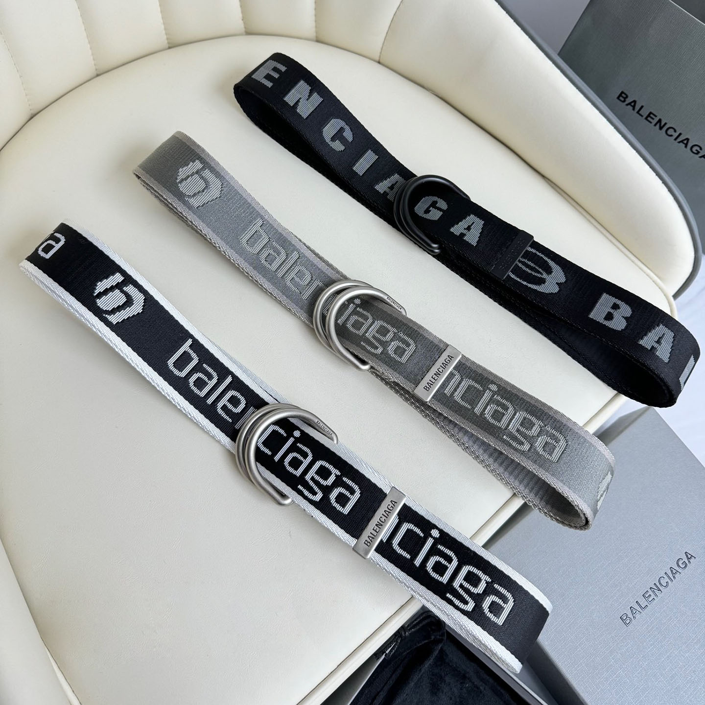 Balenciaga Men's D Ring Adjustable Belt In Balenciaga Black/White/Grey Webbing With Silver Hardware 40mm - 图片 8